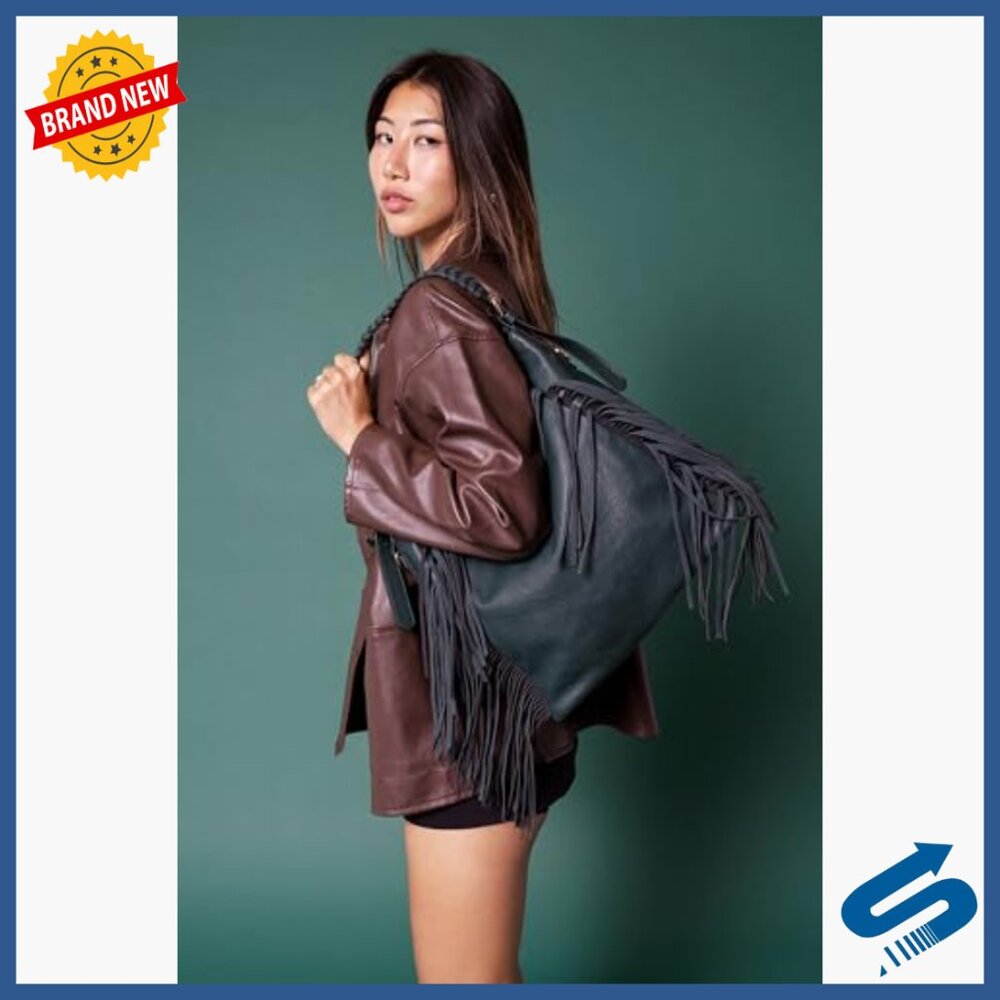 Vegan Leather Hobo Crossbody Bag with Fringe Detail, Adjustable Strap - Picture 2 of 4